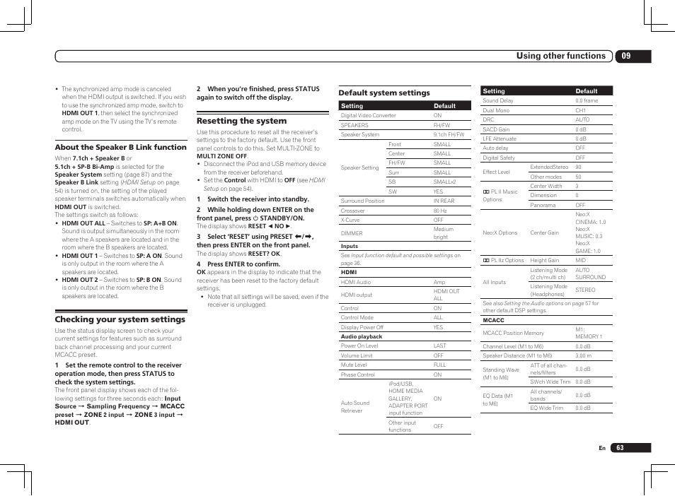 Checking your system settings resetting the system, 09 using other functions, Checking your system settings | Resetting the system | Pioneer SC-LX85 User Manual | Page 63 / 122