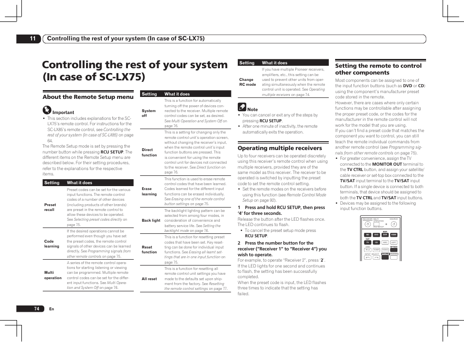 Operating multiple receivers, Setting the remote to control other components, About the remote setup menu | Pioneer SC-LX85 User Manual | Page 74 / 122