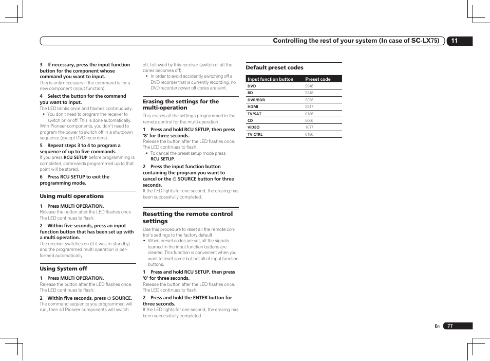 Resetting the remote control settings | Pioneer SC-LX85 User Manual | Page 77 / 122