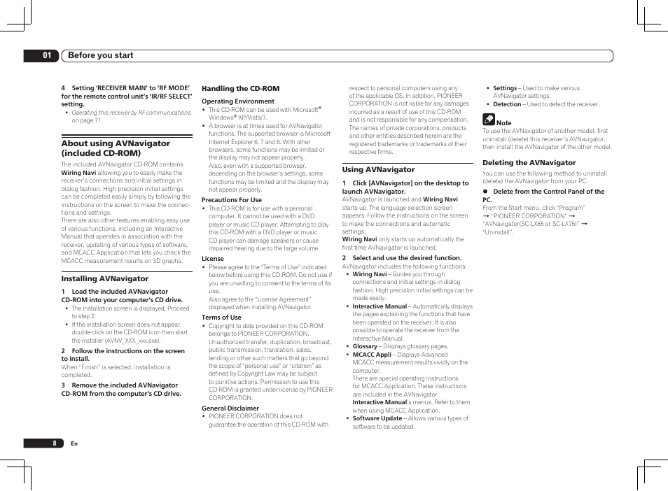 About using avnavigator (included cd-rom), 01 before you start | Pioneer SC-LX85 User Manual | Page 8 / 122