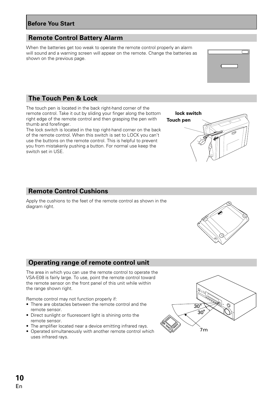 Remote control battery alarm, The touch pen & lock, Remote control cushions | Operating range of remote control unit, Before you start | Pioneer VSA-E08 User Manual | Page 10 / 78