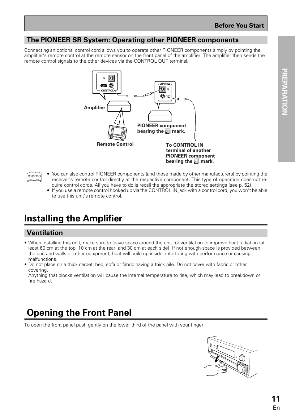 Installing the amplifier, Opening the front panel, Prep ara tion | Ventilation, Before you start | Pioneer VSA-E08 User Manual | Page 11 / 78