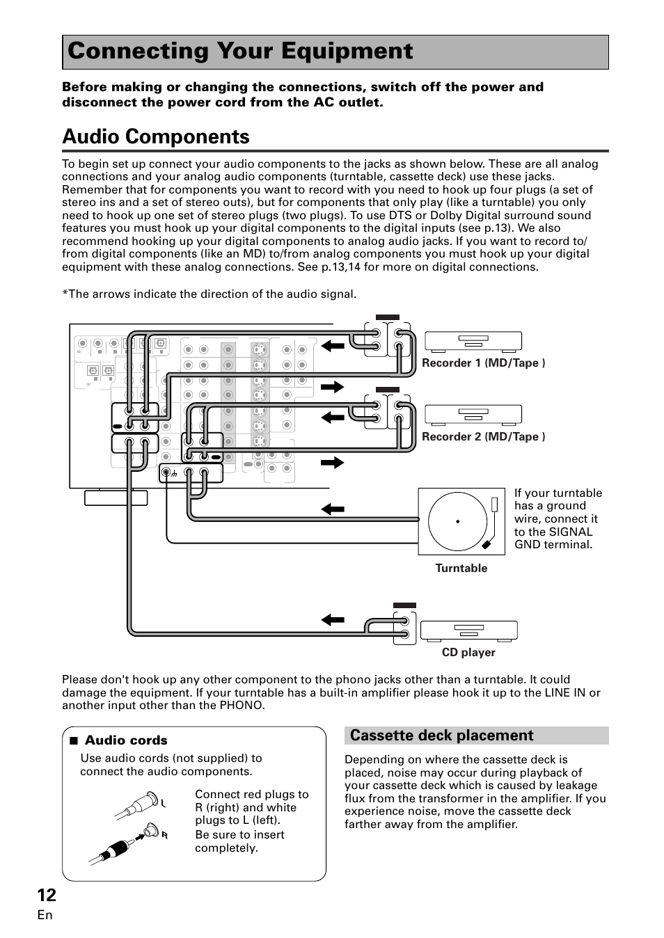 Connecting your equipment, Audio components cassette deck placement, Audio components | Cassette deck placement, 7 audio cords, Cd player turntable, Recorder 1 (md/tape ) recorder 2 (md/tape ) | Pioneer VSA-E08 User Manual | Page 12 / 78