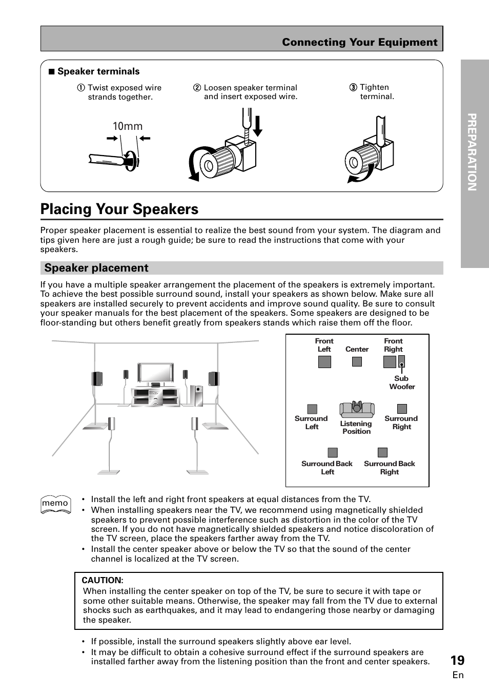 Placing your speakers speaker placement, Placing your speakers, Prep ara tion | Speaker placement, 10mm, Connecting your equipment | Pioneer VSA-E08 User Manual | Page 19 / 78