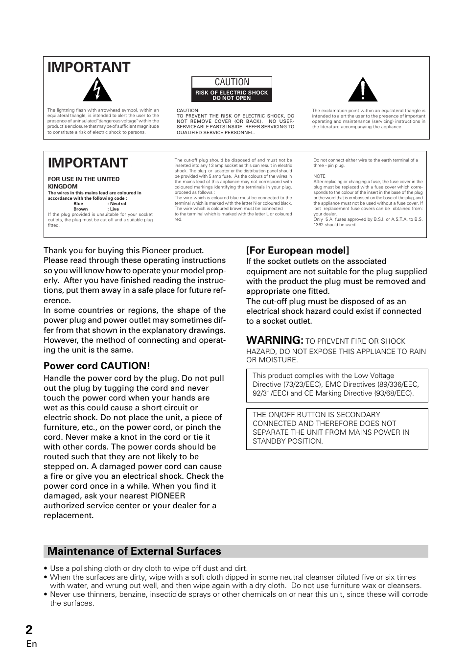 Important 1, Important 2, Warning | Maintenance of external surfaces, Power cord caution, For european model, Caution | Pioneer VSA-E08 User Manual | Page 2 / 78