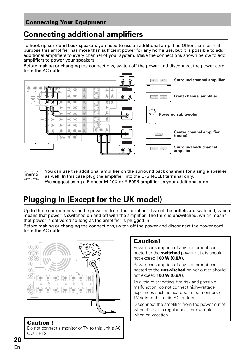 Connecting additional amplifiers, Plugging in (except for the uk model), Caution | Connecting your equipment | Pioneer VSA-E08 User Manual | Page 20 / 78