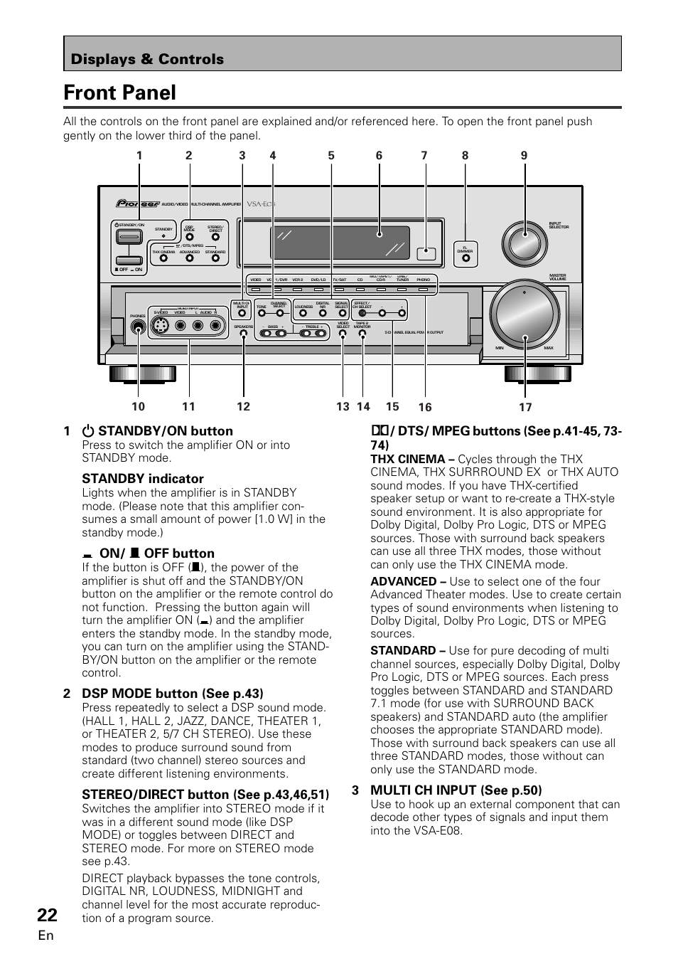 Front panel, Displays & controls, 1standby/on button | Standby indicator, On/ — off button, 2 dsp mode button (see p.43), 3 multi ch input (see p.50) | Pioneer VSA-E08 User Manual | Page 22 / 78