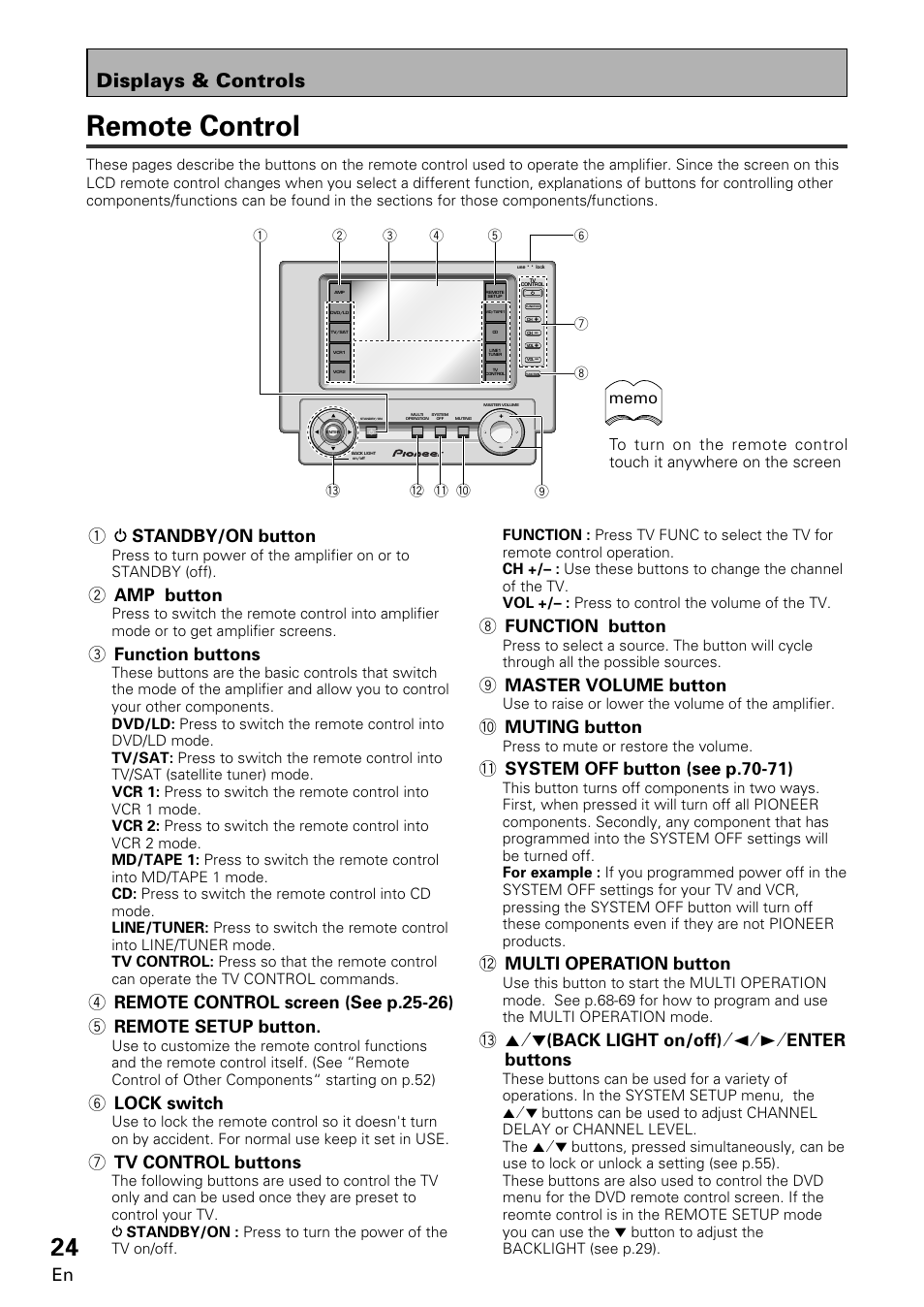 Remote control, Displays & controls, 1standby/on button | 2 amp button, 3 function buttons, 6 lock switch, 7 tv control buttons, 8 function button, 9 master volume button, 0 muting button | Pioneer VSA-E08 User Manual | Page 24 / 78