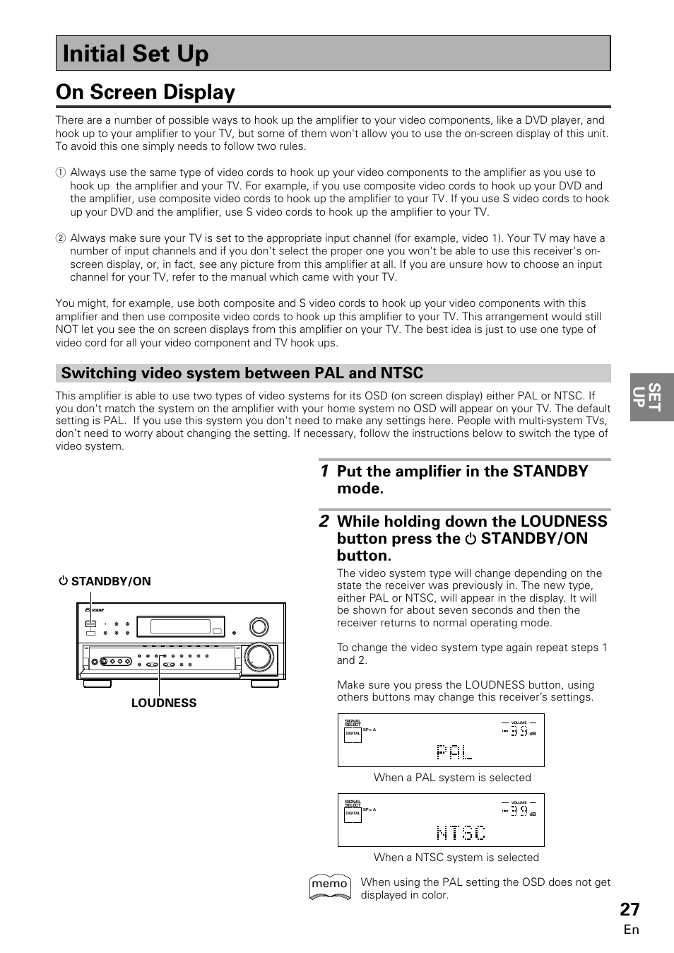Initial set up, On screen display, Set up | Switching video system between pal and ntsc, Put the amplifier in the standby mode | Pioneer VSA-E08 User Manual | Page 27 / 78