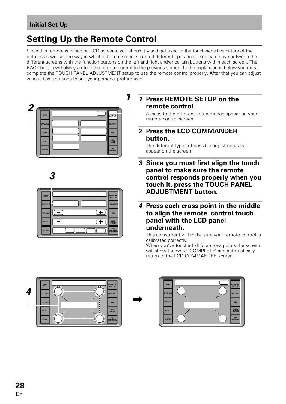 Setting up the remote control, 1 press remote setup on the remote control, 2 press the lcd commander button | Initial set up | Pioneer VSA-E08 User Manual | Page 28 / 78