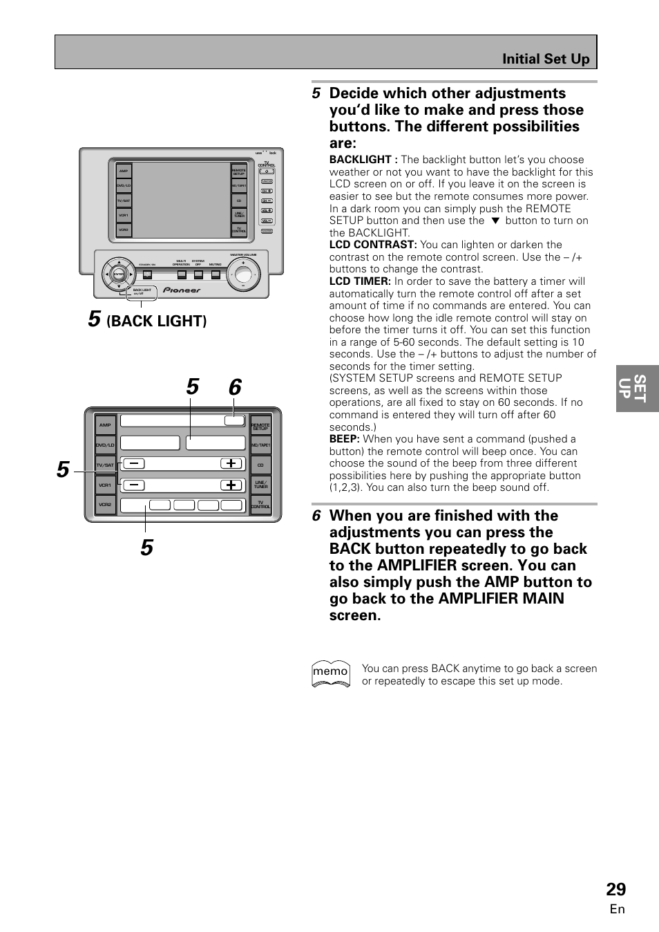 Set up, Back light), Initial set up | Pioneer VSA-E08 User Manual | Page 29 / 78