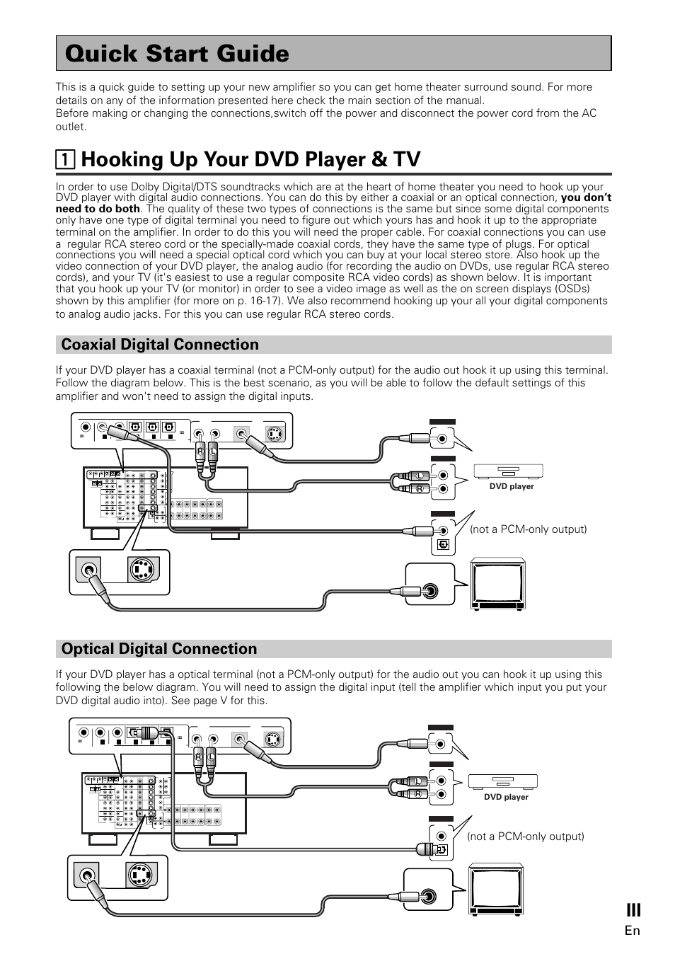 Quick start guide, 11 hooking up your dvd player & tv, Coaxial digital connection | Optical digital connection | Pioneer VSA-E08 User Manual | Page 3 / 78