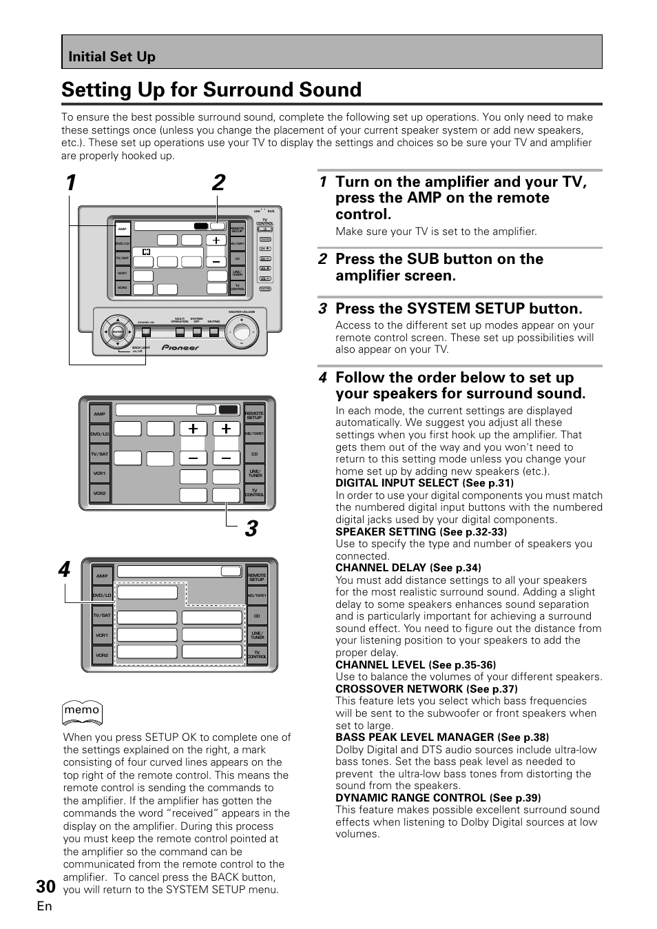 Setting up for surround sound, Initial set up, Make sure your tv is set to the amplifier | System setup, Amplifier | Pioneer VSA-E08 User Manual | Page 30 / 78