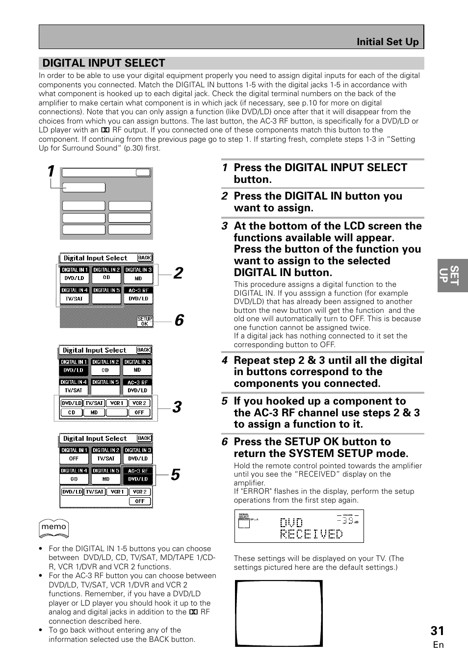 Digital input select, Set up, Initial set up | Pioneer VSA-E08 User Manual | Page 31 / 78