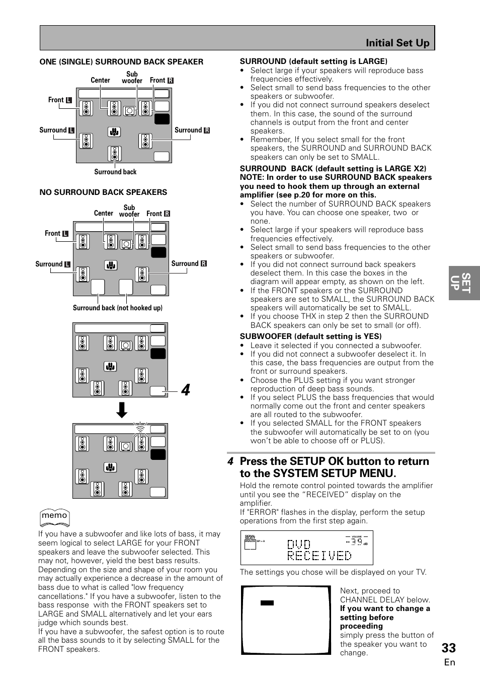 Set up, Initial set up | Pioneer VSA-E08 User Manual | Page 33 / 78