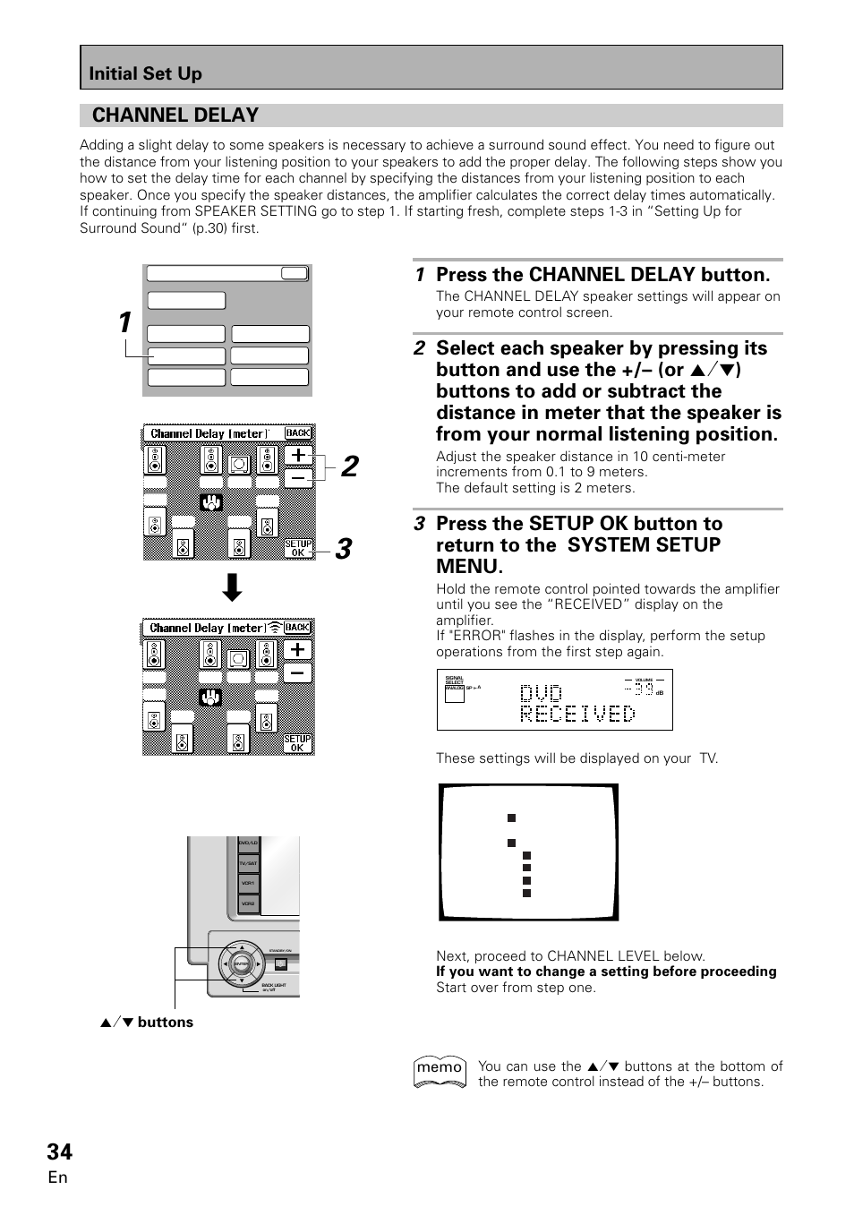 Channel delay, 1 press the channel delay button, Initial set up | 5˜∞ buttons | Pioneer VSA-E08 User Manual | Page 34 / 78