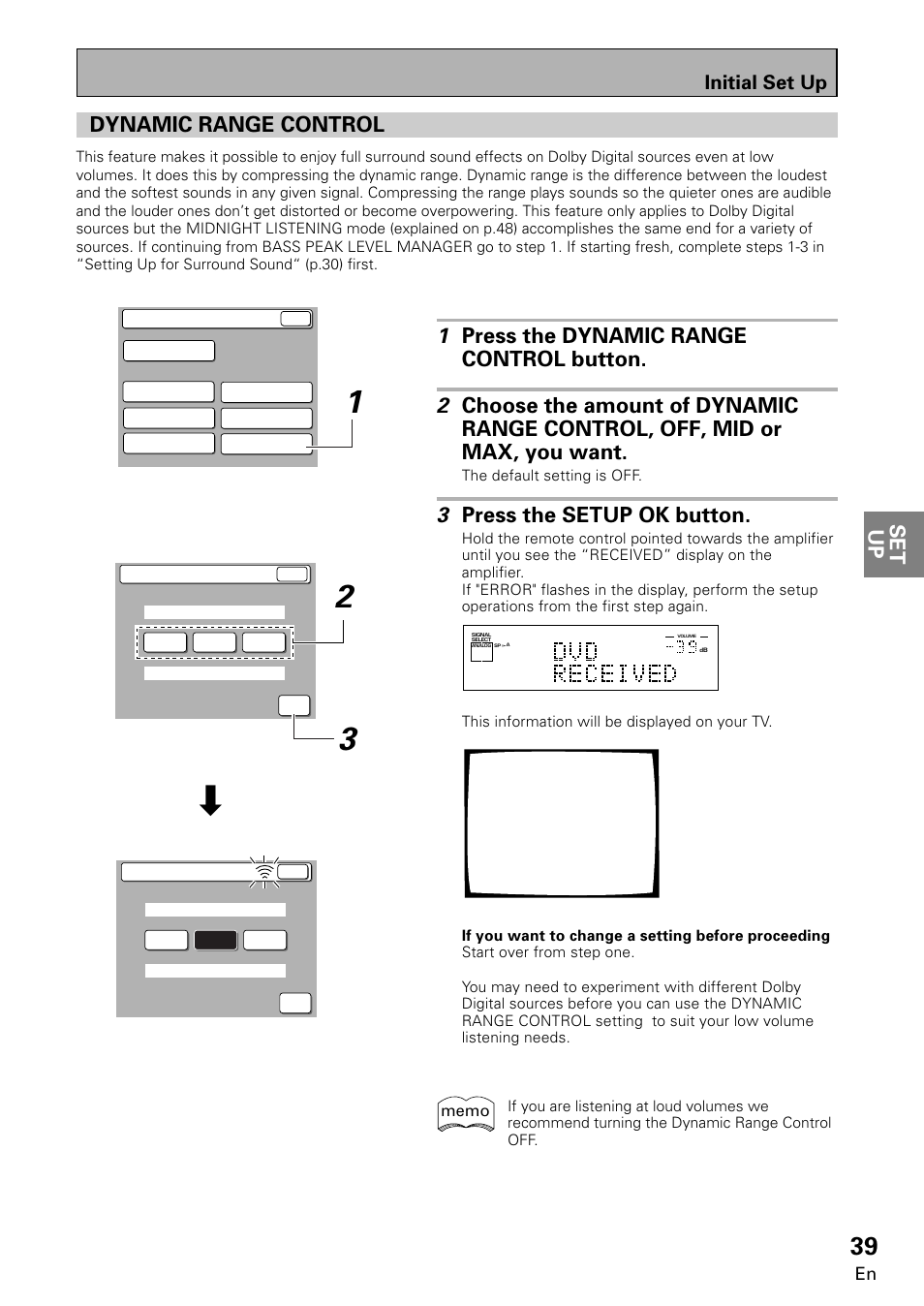Dynamic range control, Set up, 3 press the setup ok button | Initial set up | Pioneer VSA-E08 User Manual | Page 39 / 78