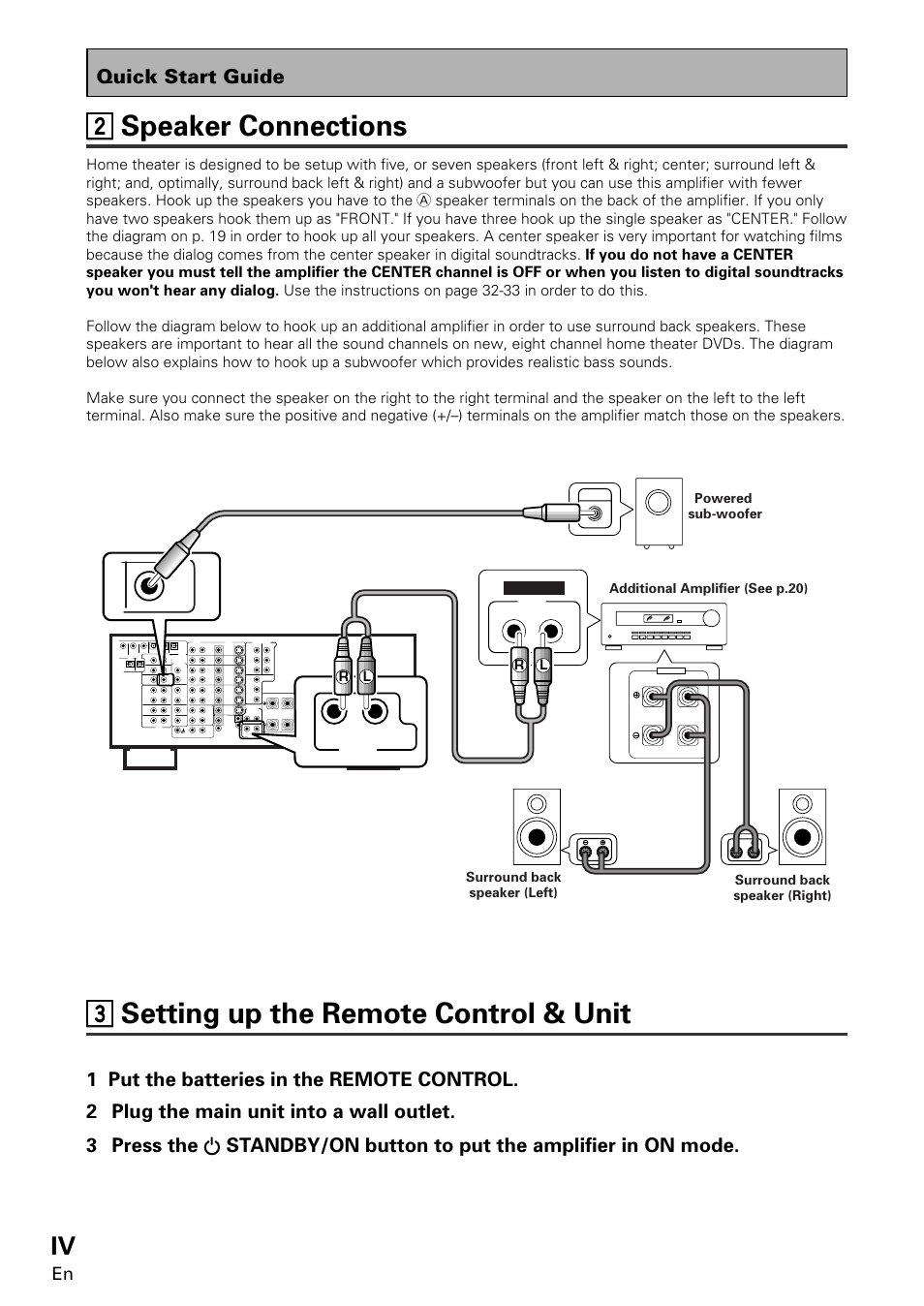 22 speaker connections, 33 setting up the remote control & unit, Quick start guide | Pioneer VSA-E08 User Manual | Page 4 / 78