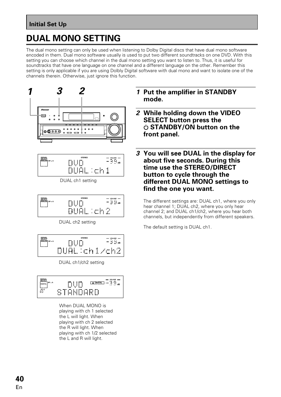 Dual mono setting, Initial set up | Pioneer VSA-E08 User Manual | Page 40 / 78