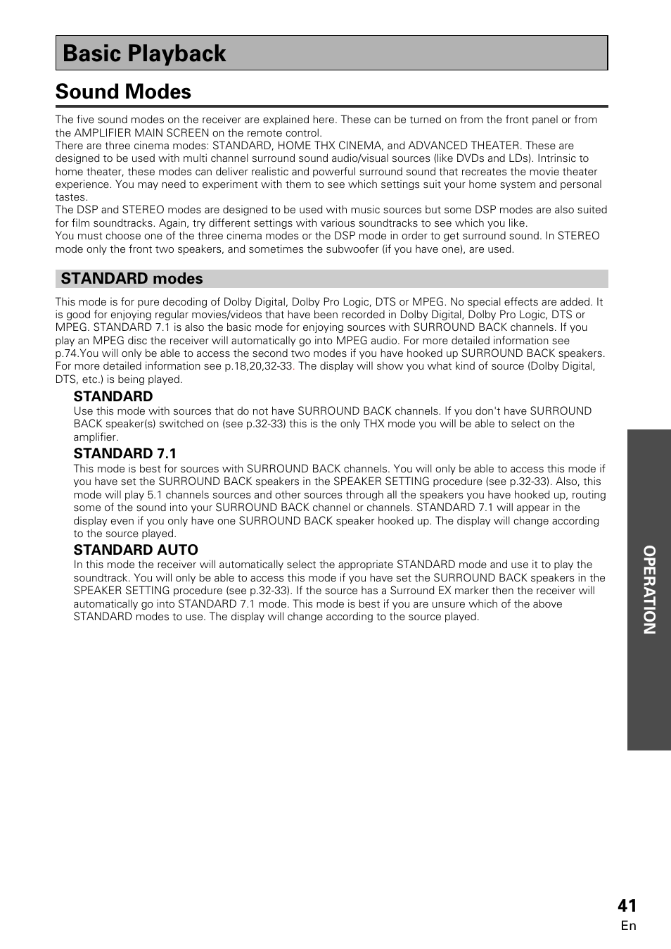 Basic playback, Sound modes standard modes, Home thx cinema modes | Sound modes | Pioneer VSA-E08 User Manual | Page 41 / 78