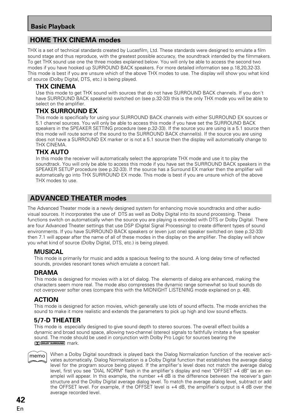 Advanced theater modes, Home thx cinema modes, Basic playback action | 5/7-d theater, Musical, Drama, Thx cinema, Thx surround ex, Thx auto | Pioneer VSA-E08 User Manual | Page 42 / 78