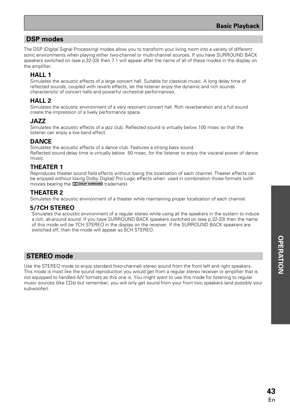 Dsp modes stereo mode, Opera tion opera tion, Stereo mode | Dsp modes | Pioneer VSA-E08 User Manual | Page 43 / 78