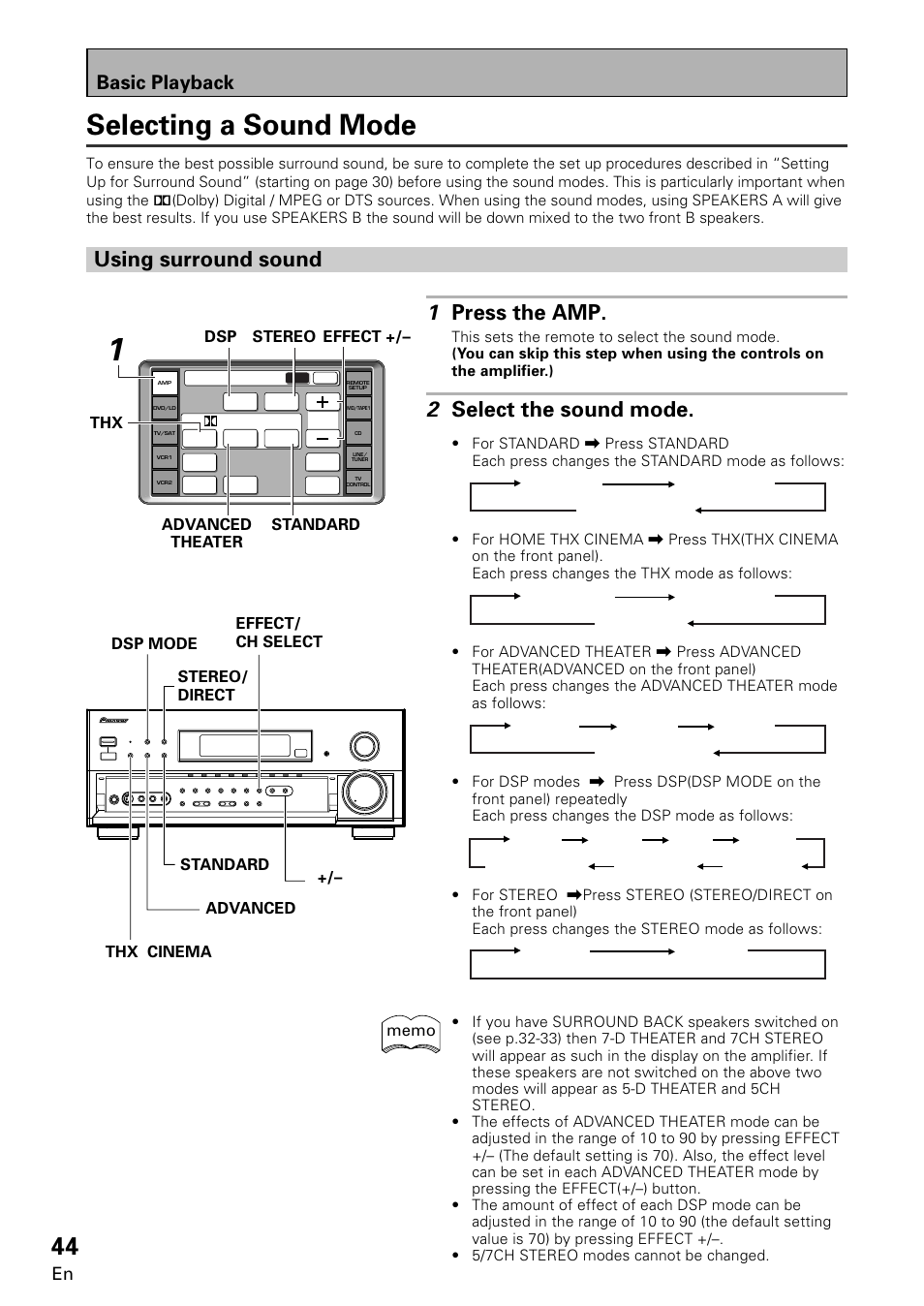 Selecting a sound mode using surround sound, Selecting a sound mode, 1 press the amp | 2 select the sound mode, Using surround sound, Basic playback | Pioneer VSA-E08 User Manual | Page 44 / 78