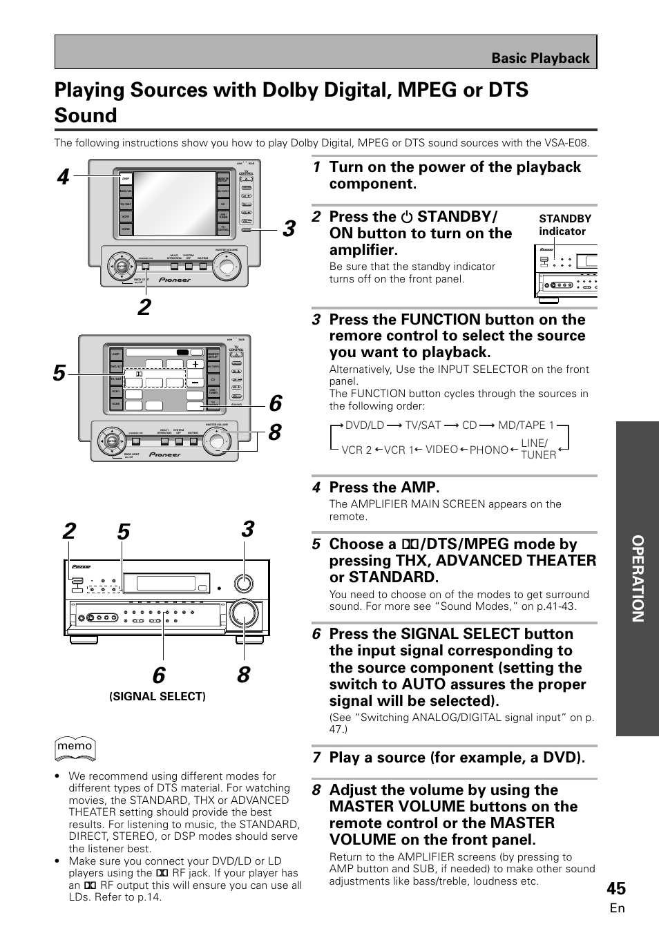 Opera tion opera tion, 4 press the amp, Basic playback | Signal select), The amplifier main screen appears on the remote | Pioneer VSA-E08 User Manual | Page 45 / 78