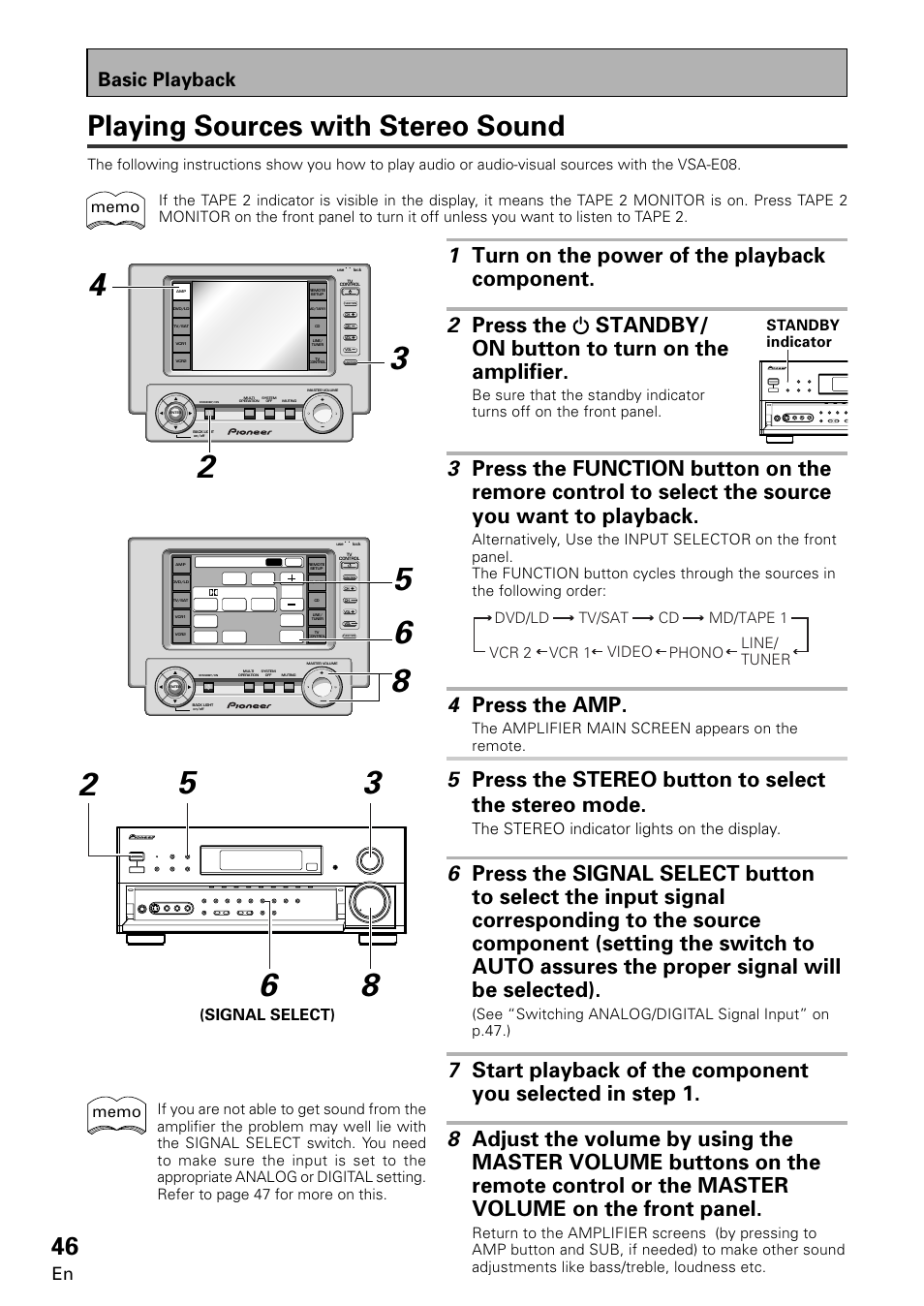 Playing sources with stereo sound, 4 press the amp, Basic playback | The stereo indicator lights on the display, Signal select), The amplifier main screen appears on the remote, Standby indicator | Pioneer VSA-E08 User Manual | Page 46 / 78