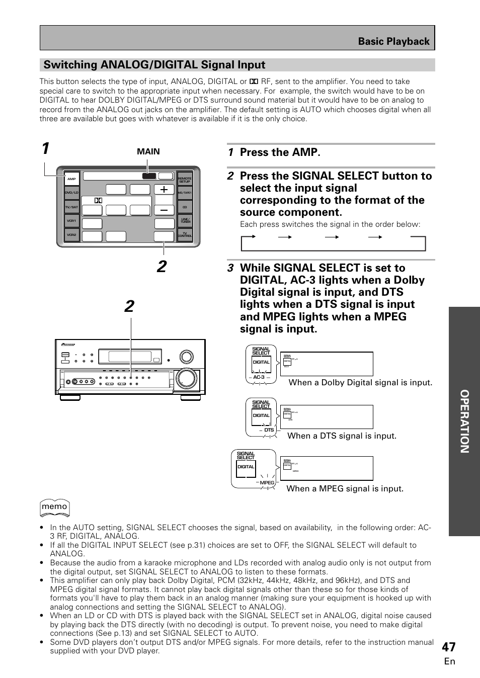 Switching analog/digital signal input, Opera tion opera tion, Basic playback | Each press switches the signal in the order below | Pioneer VSA-E08 User Manual | Page 47 / 78