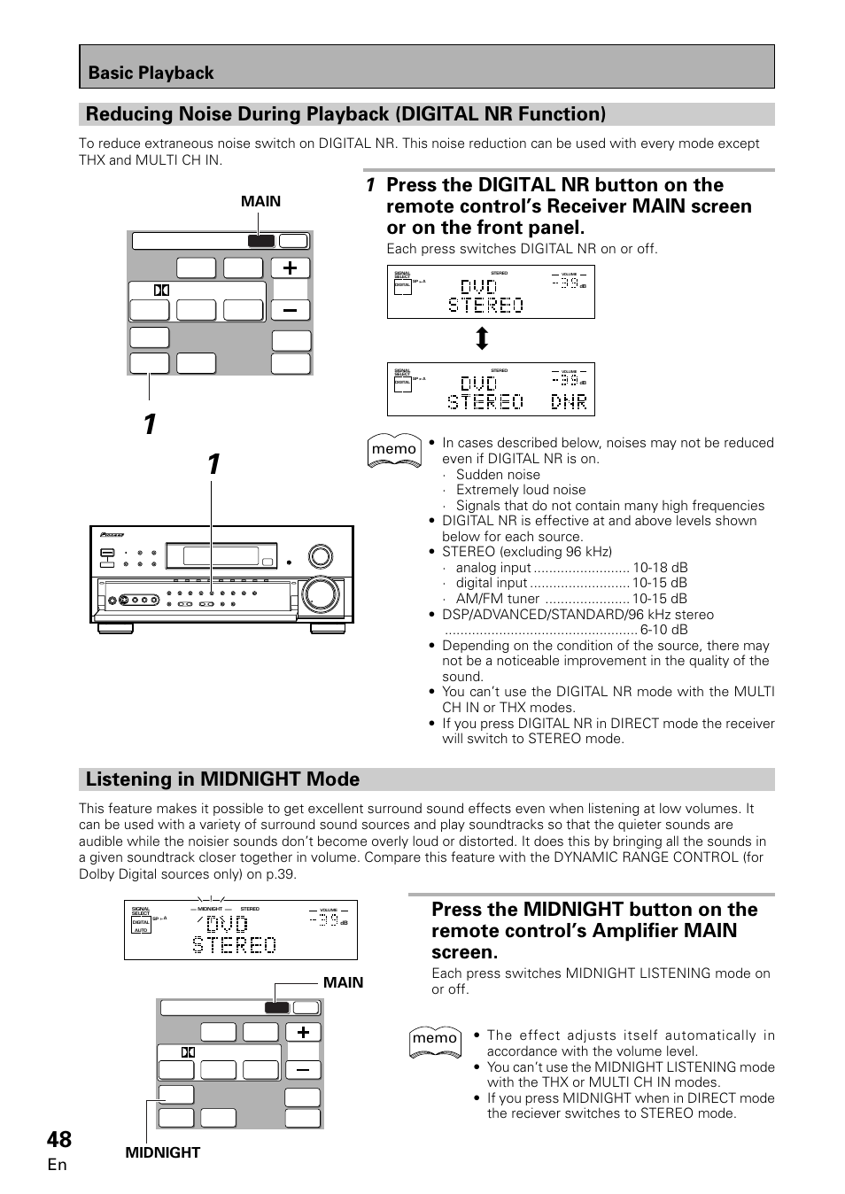 Listening in midnight mode, Basic playback, Main | Pioneer VSA-E08 User Manual | Page 48 / 78