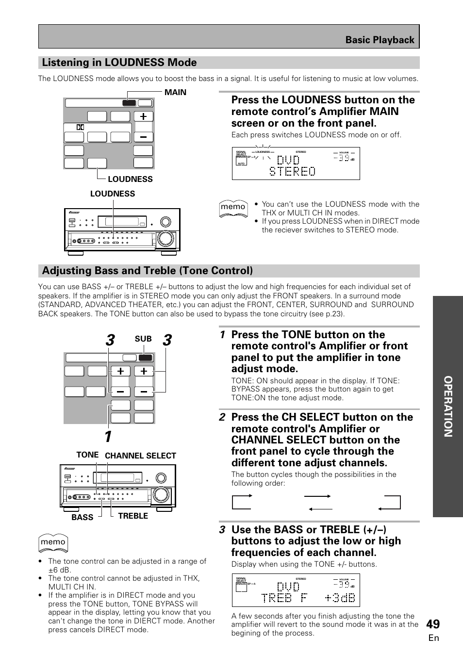 Opera tion opera tion, Adjusting bass and treble (tone control), Listening in loudness mode | Basic playback | Pioneer VSA-E08 User Manual | Page 49 / 78