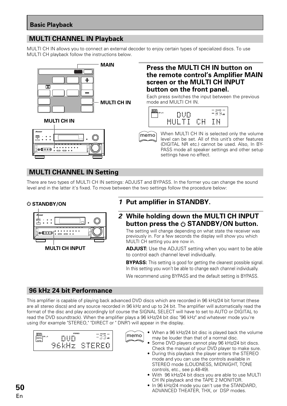 Multi channel in playback, Multi channel in setting, 96 khz 24 bit performance | Basic playback, Multi ch in, Main | Pioneer VSA-E08 User Manual | Page 50 / 78