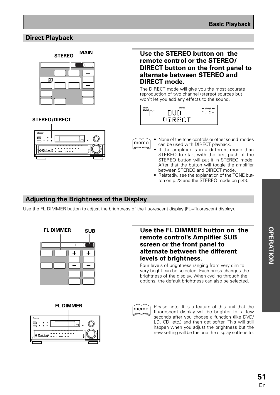 Opera tion opera tion, Adjusting the brightness of the display, Basic playback | Pioneer VSA-E08 User Manual | Page 51 / 78