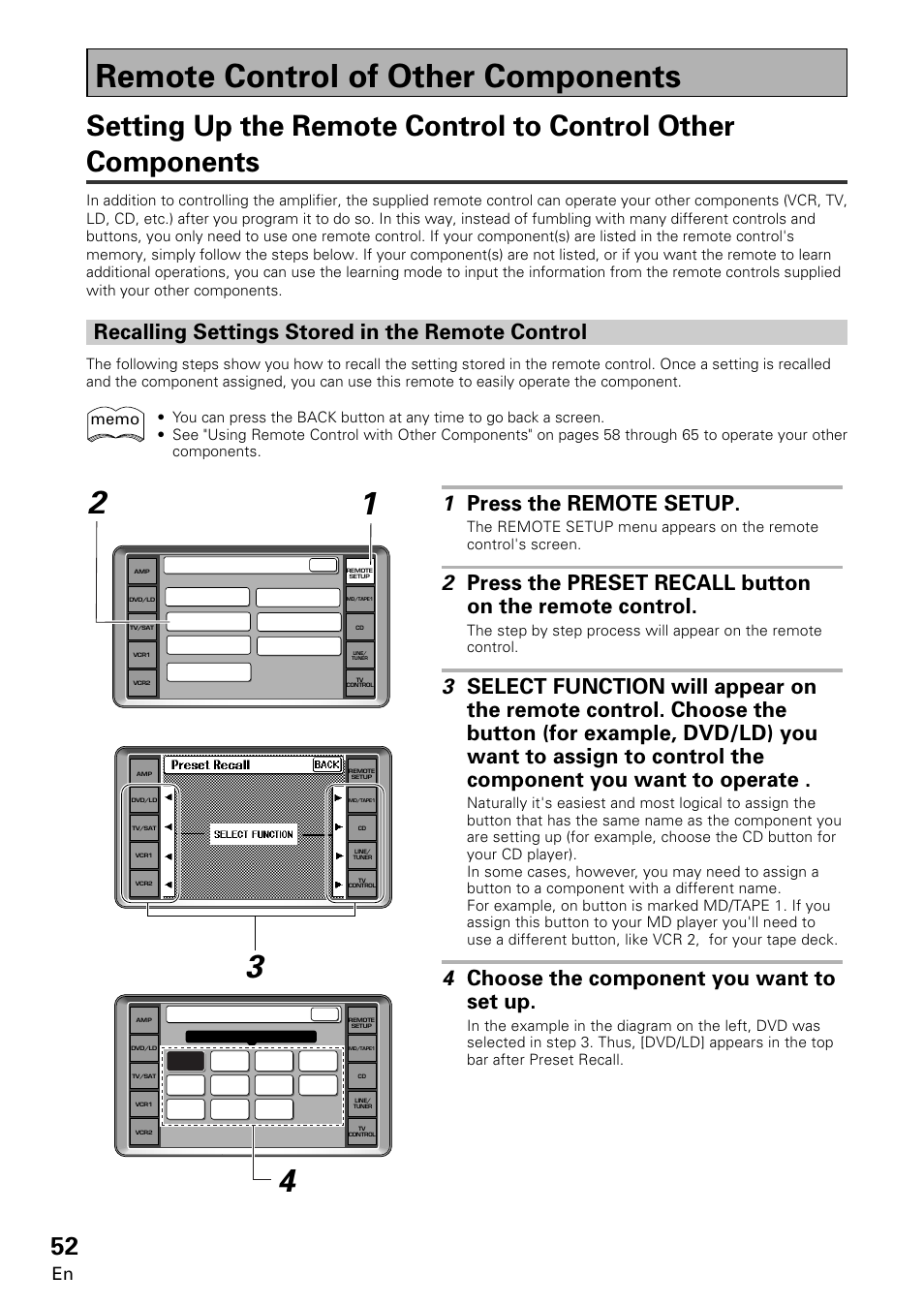 Remote control of other components, Recalling settings stored in the remote control, 1 press the remote setup | 4 choose the component you want to set up | Pioneer VSA-E08 User Manual | Page 52 / 78