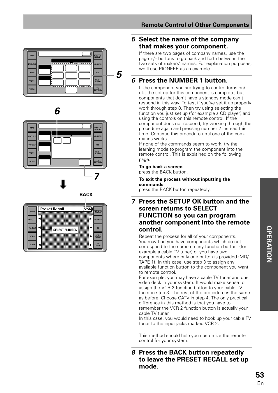 Opera tion opera tion, 6 press the number 1 button, Remote control of other components | Back | Pioneer VSA-E08 User Manual | Page 53 / 78