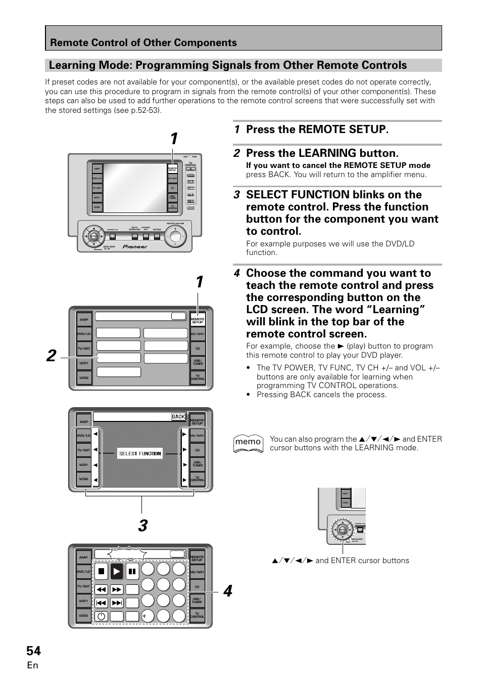 Remote control of other components, 5˜∞˜2˜3 and enter cursor buttons, Remote setup | 0c 10, Learning | Pioneer VSA-E08 User Manual | Page 54 / 78