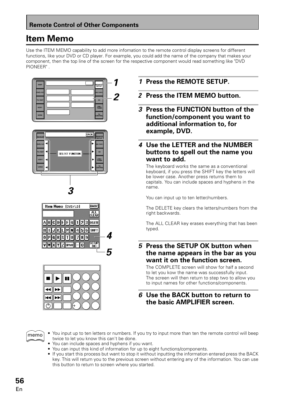 Item memo, Remote control of other components | Pioneer VSA-E08 User Manual | Page 56 / 78