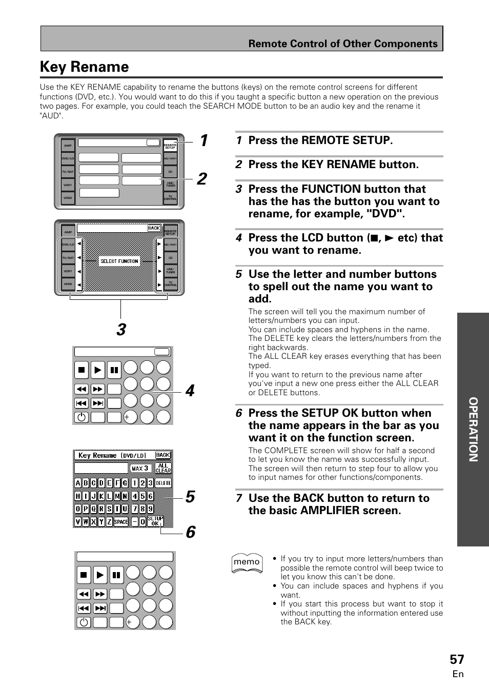 Key rename, Opera tion opera tion, Remote control of other components | Pioneer VSA-E08 User Manual | Page 57 / 78