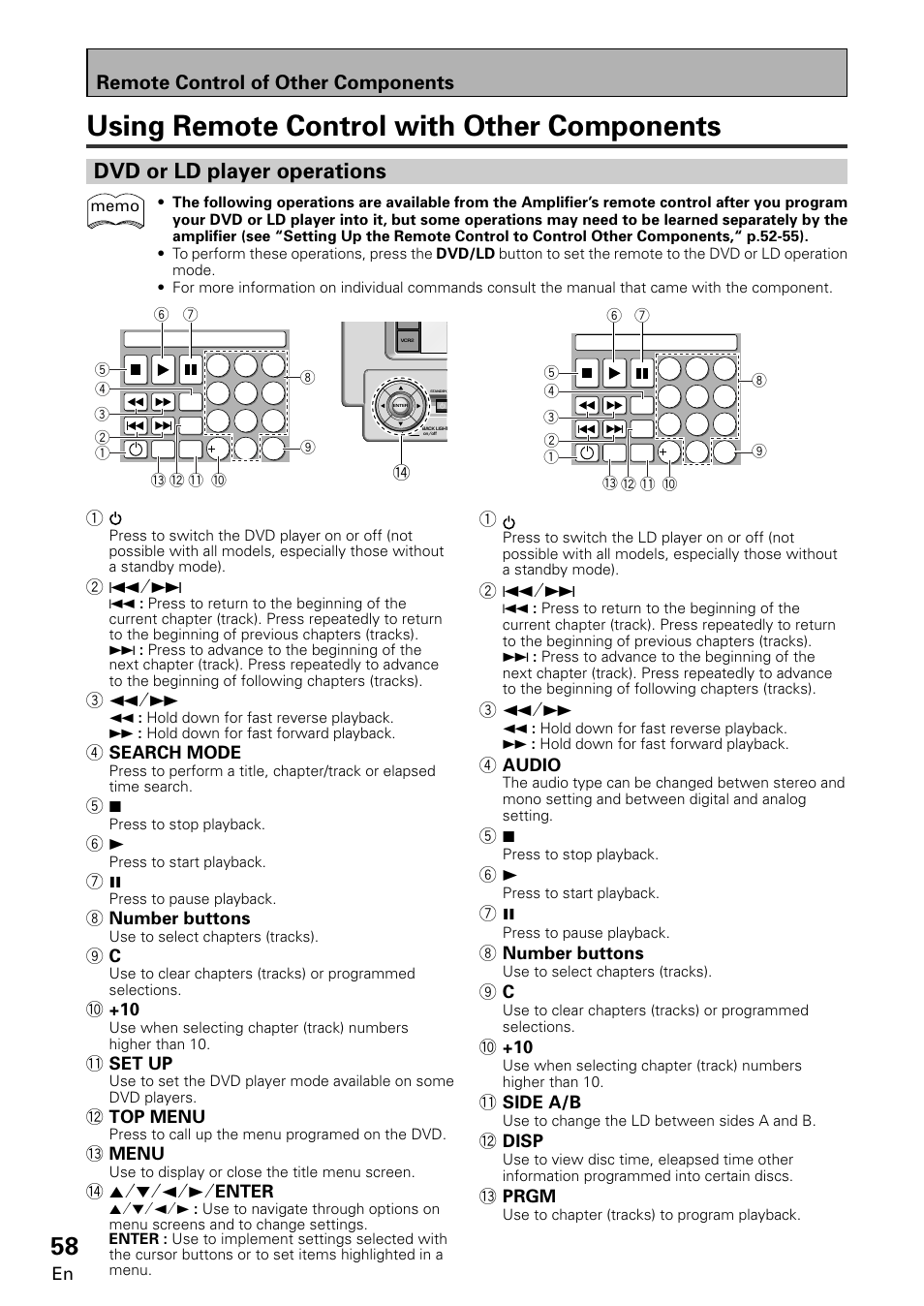 Using remote control with other components, Dvd or ld player operations, Remote control of other components | Pioneer VSA-E08 User Manual | Page 58 / 78