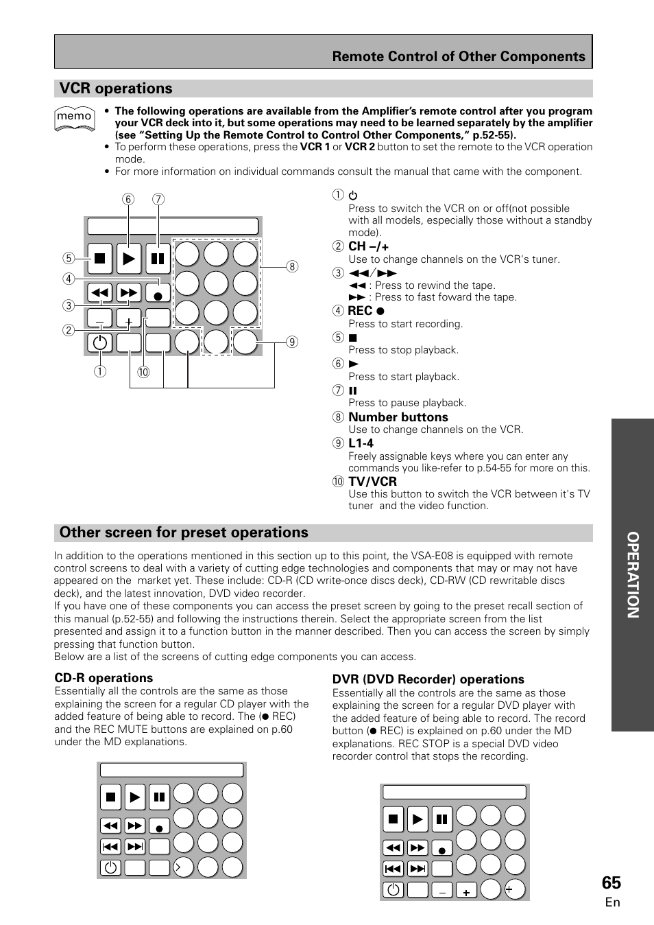 Vcr operations other screen for preset operations, Opera tion opera tion, Vcr operations | Other screen for preset operations, Remote control of other components | Pioneer VSA-E08 User Manual | Page 65 / 78