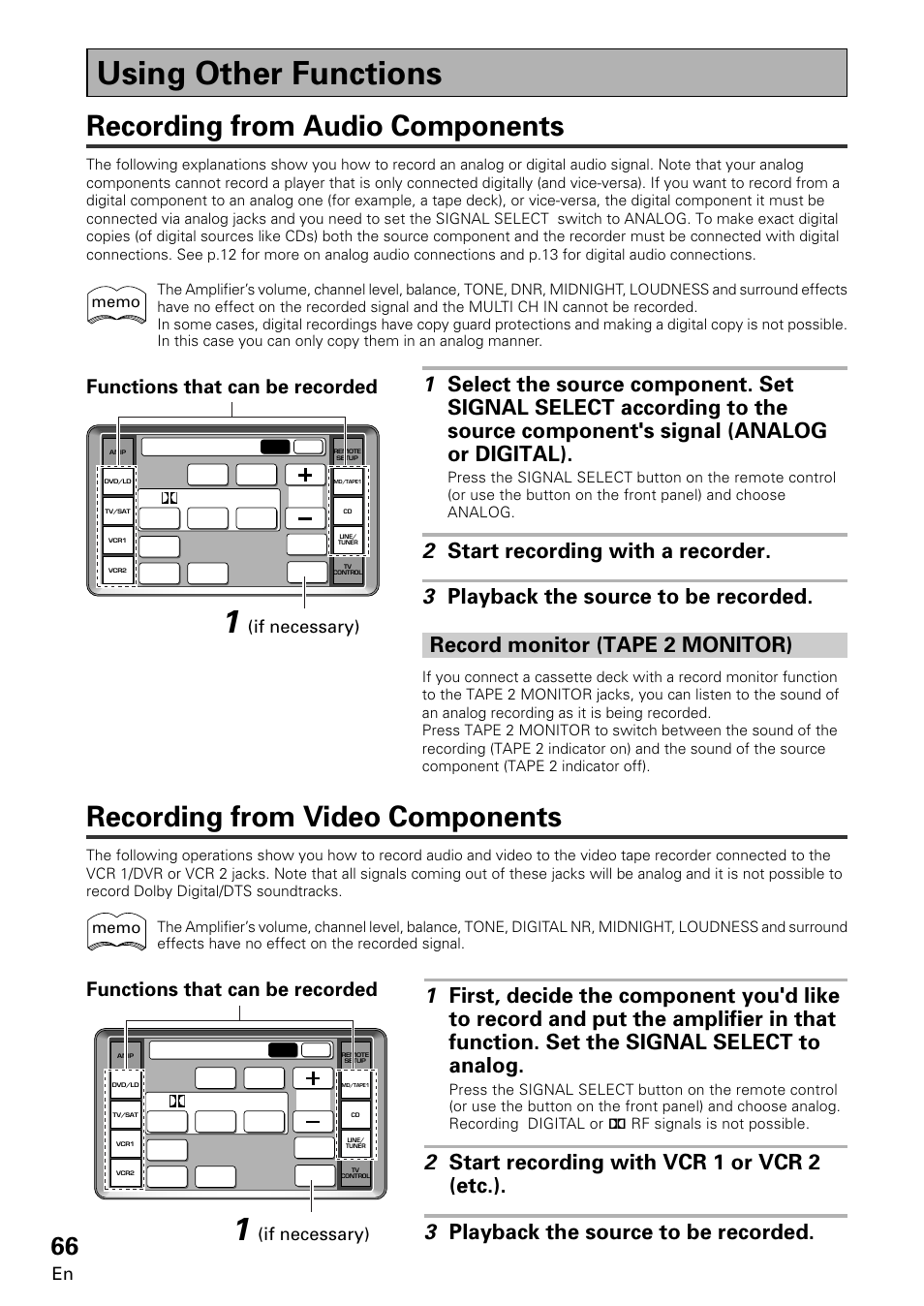 Using other functions, Recording from audio components, Recording from video components | Functions that can be recorded, If necessary) | Pioneer VSA-E08 User Manual | Page 66 / 78