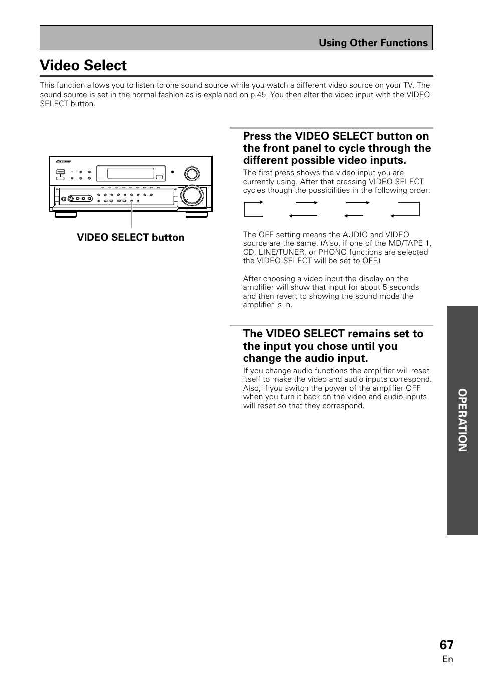 Video select, Opera tion opera tion | Pioneer VSA-E08 User Manual | Page 67 / 78