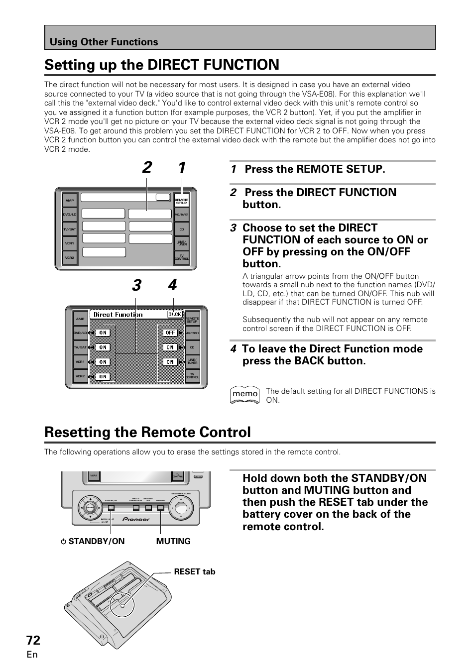 Setting up the direct function, Resetting the remote control, Using other functions | Muting standby/on, Reset tab, The default setting for all direct functions is on | Pioneer VSA-E08 User Manual | Page 72 / 78