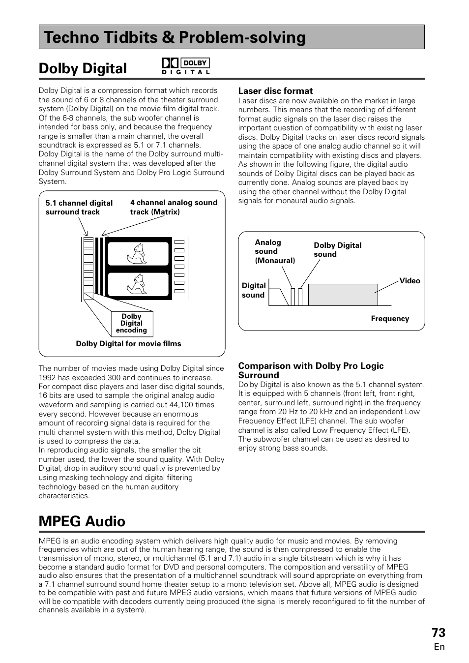 Techno tidbits & problem-solving, Dolby digital mpeg audio, Dolby digital | Mpeg audio | Pioneer VSA-E08 User Manual | Page 73 / 78