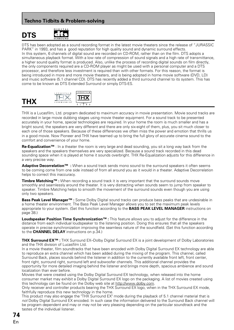 Dts thx, Techno tidbits & problem-solving | Pioneer VSA-E08 User Manual | Page 74 / 78