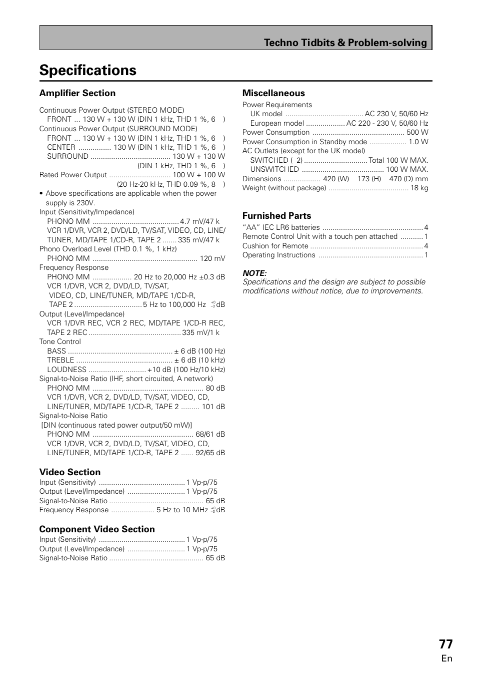Specifications, Techno tidbits & problem-solving | Pioneer VSA-E08 User Manual | Page 77 / 78