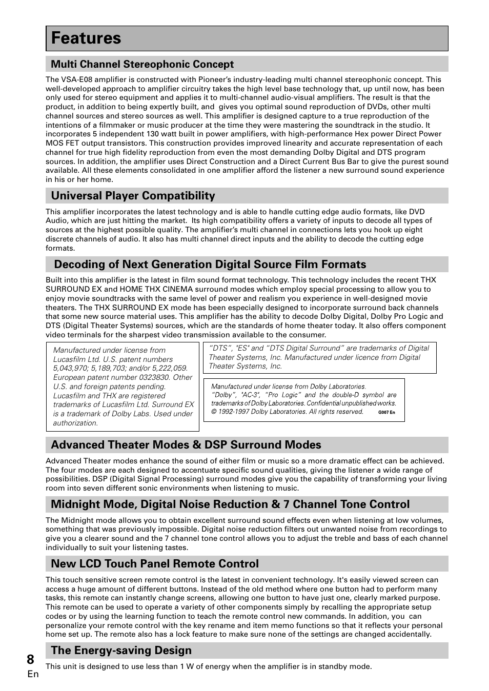 Features | Pioneer VSA-E08 User Manual | Page 8 / 78