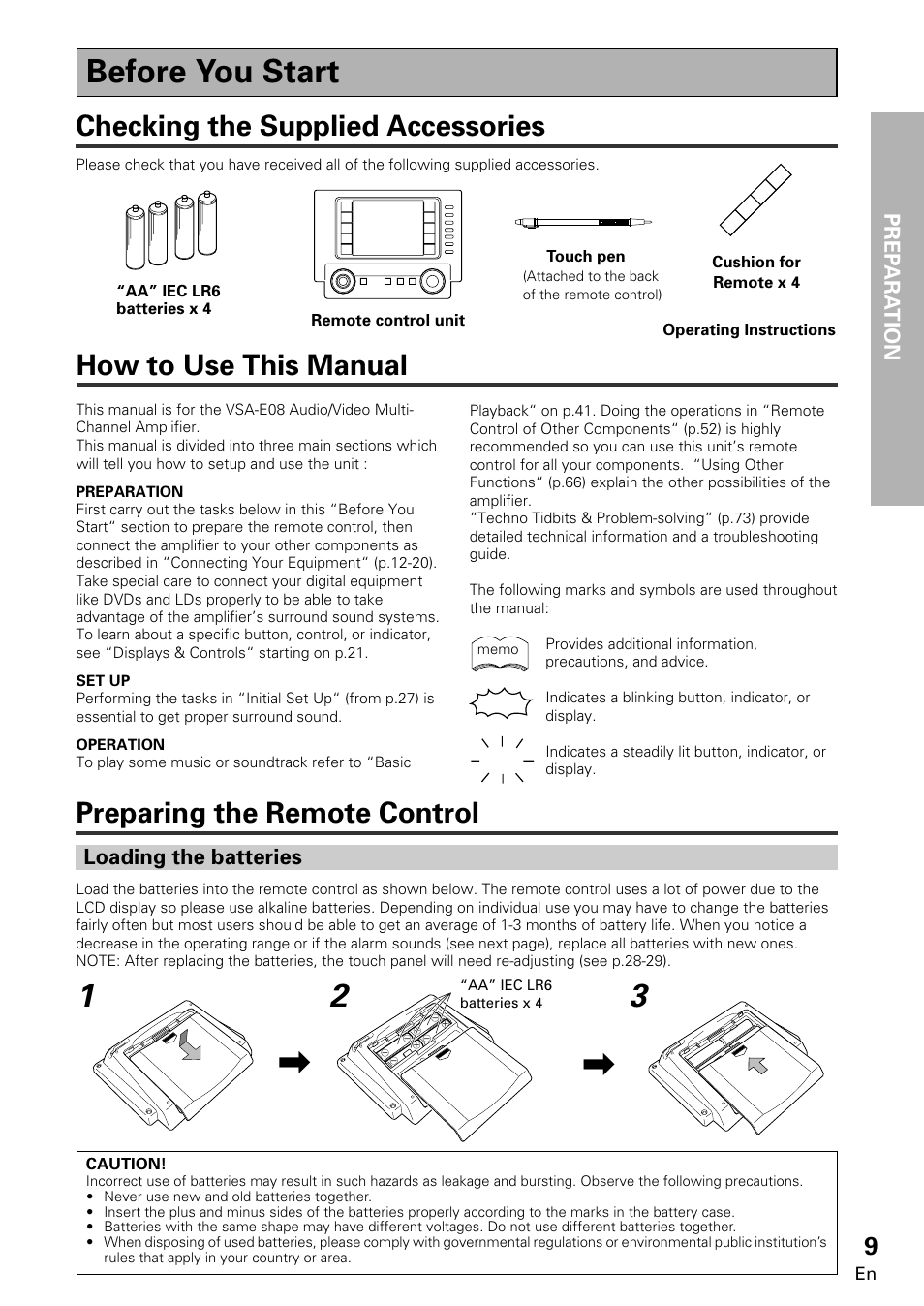 Before you start, Checking the supplied accessories, Prep ara tion | Loading the batteries | Pioneer VSA-E08 User Manual | Page 9 / 78