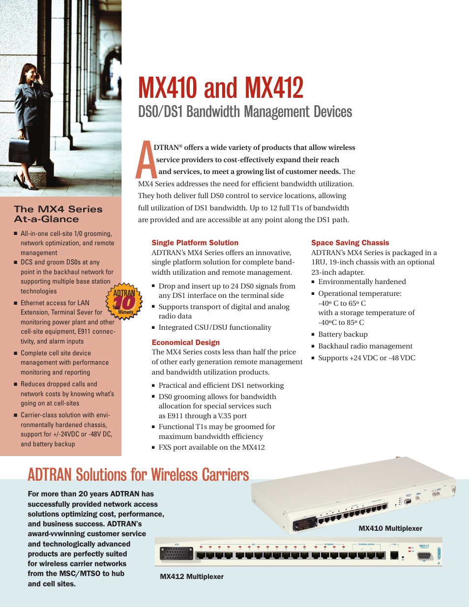 Adtran solutions for wireless carriers, Ds0/ds1 bandwidth management devices | ADTRAN MX412 User Manual | Page 2 / 4